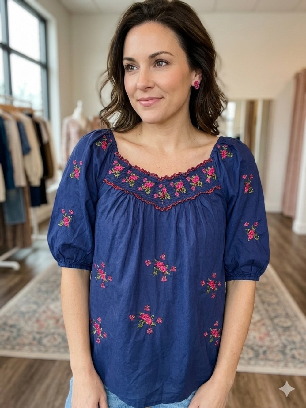 Blue Tassel Anthropologie Navy Smocked Floral Embroidered Peasant Blouse S